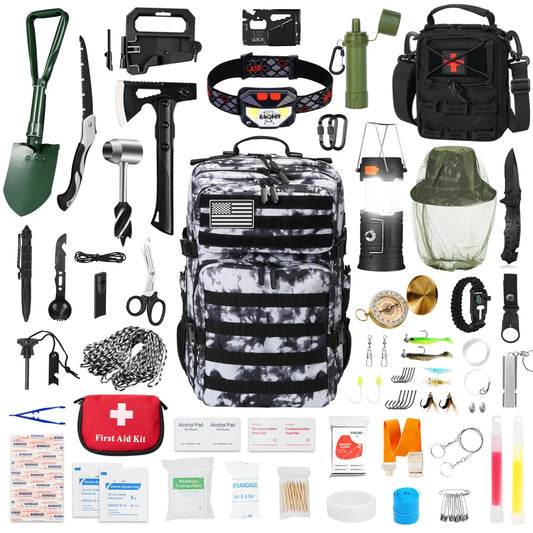 Skywod Professional Survival Gear Set - First Aid Kit and Large Camping Backpack Camping Equipment for Adventure Outdoor Hiking Adventurers - (White Camouflage)