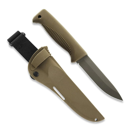 Peltonen Knives M07 Ranger Puukko FDE Cerakote Fixed Blade Knife Composite Sheath 80CrV2 Carbon Steel 4.68 inch Long Blade Hunting Knife w/TPE Handle Survival Knife for Outdoor Adventures-Coyote