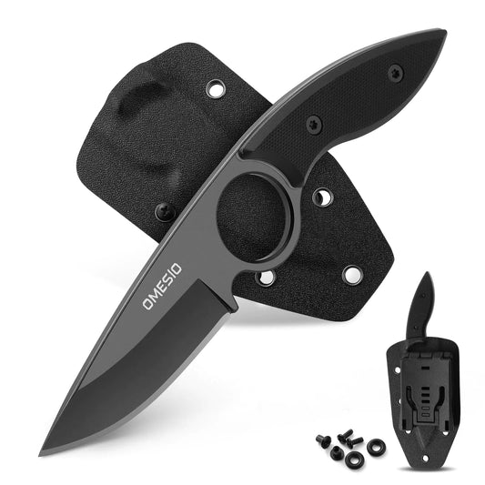 Omesio Small Fixed Blade Knife Tactical Hunting Camping Knife with Kydex Sheath Full Tang Stainless Steel Compact EDC Neck Knife G10 Handle with Gift Box for Men (Black)