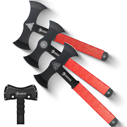 NedFoss Throwing Axes and Tomahawks with Innovative TPR Rubber Handle 11.9" Full Tang Double Bit Throwing Axe Set with Sheath Viking Axe Throwing Game for Recreation and Competition