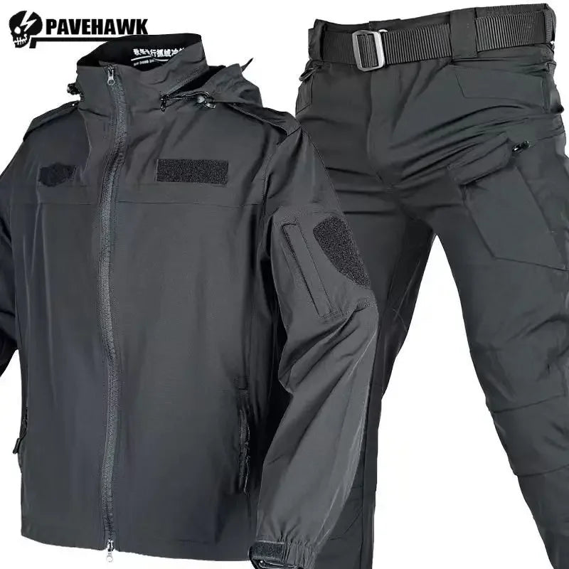 Tactical Uniform Hunting Set Men Spring Summer Breathable Quick Drying Suit Waterproof Drawstring Hooded Jacket 2 Piece Set New