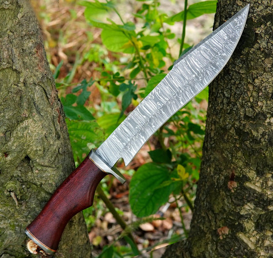 WARIVO KNIFE D2 Gaint Bowie knife 15.5 Inch Crocodile Dundee Knife with Leather Sheath Rambo style Fixed Blade Hunting Knife for Outdoor Camping and Hunting (Damascus Bowie knife)