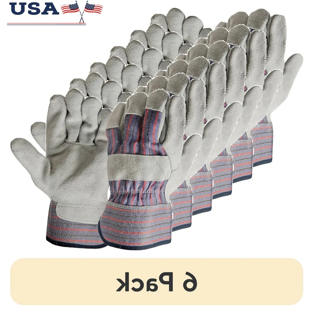 6 Pack Large Leather Palm Work Gloves Durable Cuff Gathered Back Multi-Use Outdoor Cleaning Construction Material Handling