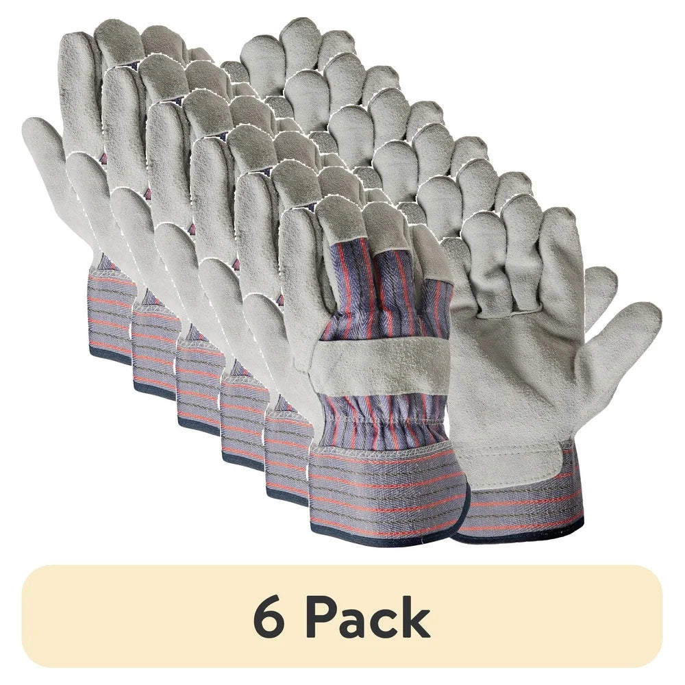 6 Pack Large Leather Palm Work Gloves Durable Cuff Gathered Back Multi-Use Outdoor Cleaning Construction Material Handling