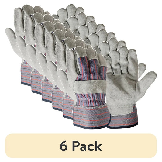6 Pack Large Leather Palm Work Gloves Durable Cuff Gathered Back Multi-Use Outdoor Cleaning Construction Material Handling