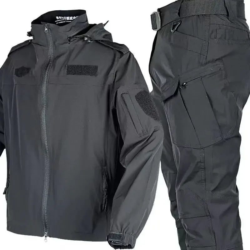 Tactical Uniform Hunting Set Men Spring Summer Breathable Quick Drying Suit Waterproof Drawstring Hooded Jacket 2 Piece Set New