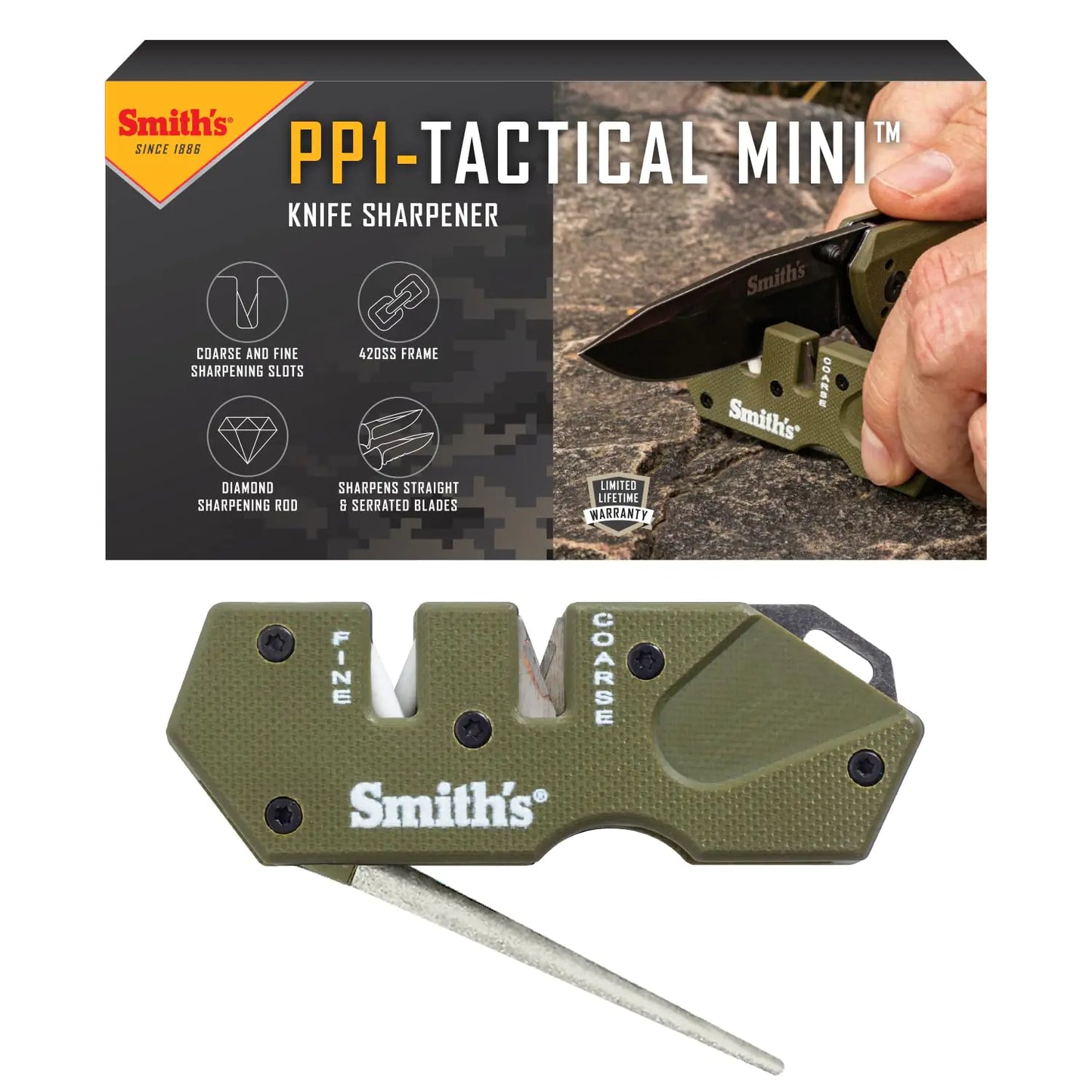 Smith’s 50984 Pocket Pal Mini Tactical Knife Sharpener - OD Green - 2 Stage Sharpener & Diamond Sharpening Rod - Outdoor Hunting Knife & Hook Sharpener - Compact Durable & Lightweight