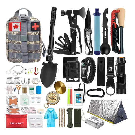 Emergency Survival Kit and First Aid Kit for Outdoor Professional Outdoor Tools for Camping Outdoor Adventure Hiking and Hunting Survival Gear with Molle System (Grey)